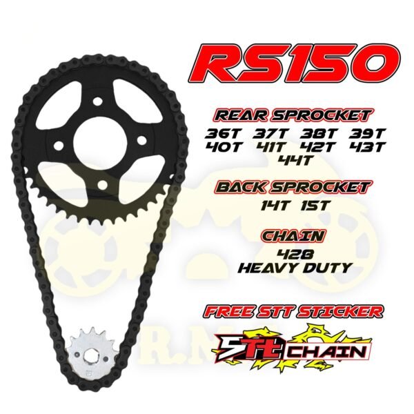 RS150 / CBR150 428 SPOCKET DEPAN BELAKANG WARNA HITAM BLACK SEKALI RANTAI HITAM - SET KOMBO HITAM RATIO MOTORSIKAL MOTOR RANTAI TUGAS BERAT SPROCKET SPOKET BLACK CHAIN