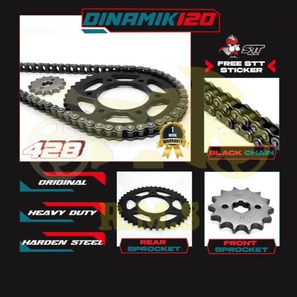DINAMIK / GT128 / AR125 428 SPOCKET DEPAN BELAKANG WARNA HITAM BLACK SEKALI RANTAI HITAM - SET KOMBO HITAM RATIO MOTORSIKAL MOTOR RANTAI TUGAS BERAT SPROCKET SPOKET BLACK CHAIN