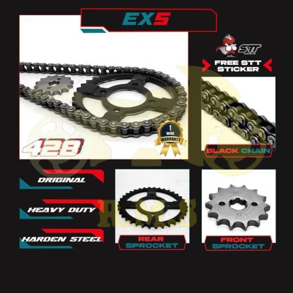 EX5 / MR-3 / 428 SPOCKET DEPAN BELAKANG WARNA HITAM BLACK SEKALI RANTAI HITAM - SET KOMBO HITAM RATIO MOTORSIKAL MOTOR RANTAI TUGAS BERAT SPROCKET SPOKET BLACK CHAIN