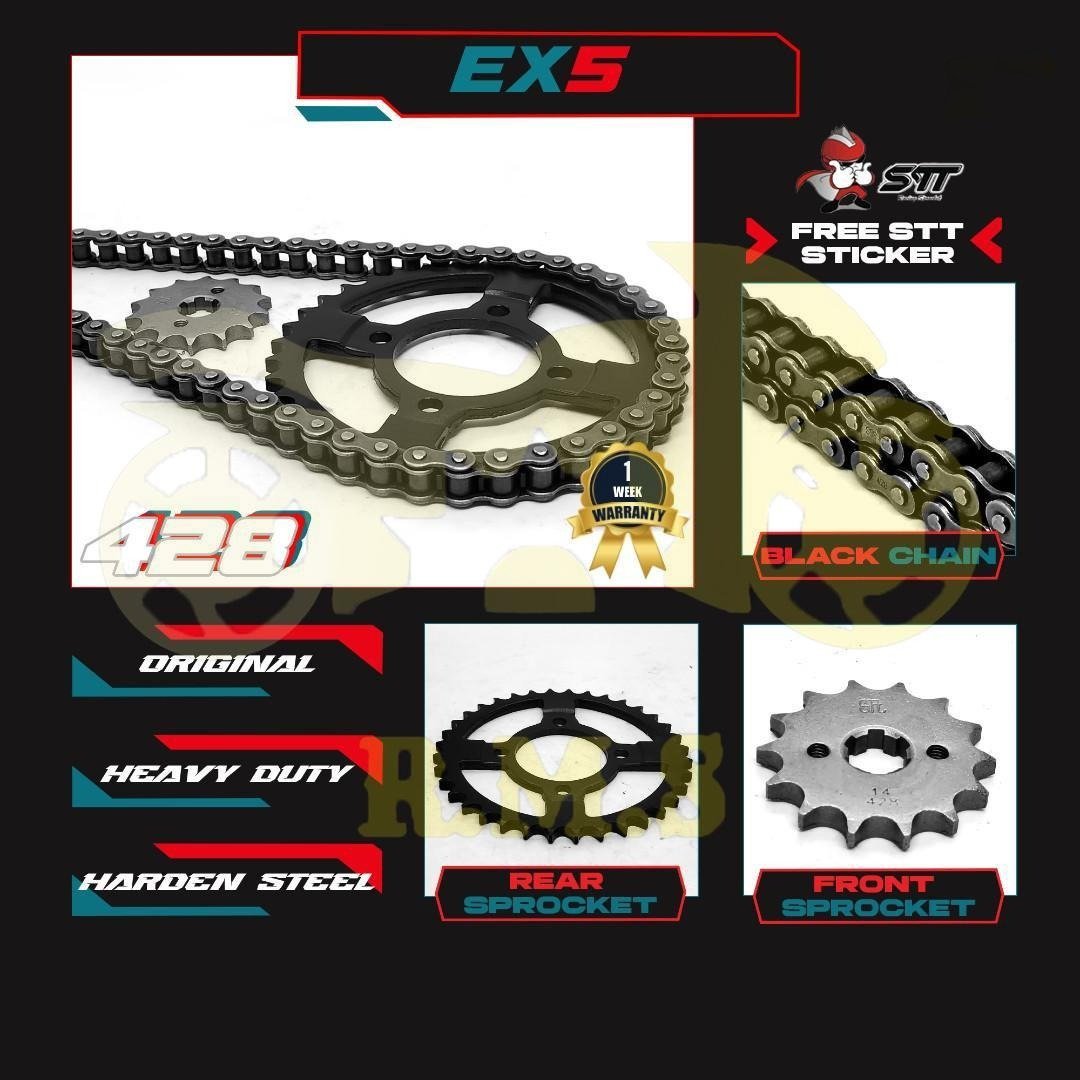 EX5 / MR-3 / 428 SPOCKET DEPAN BELAKANG WARNA HITAM BLACK SEKALI RANTAI HITAM - SET KOMBO HITAM RATIO MOTORSIKAL MOTOR RANTAI TUGAS BERAT SPROCKET SPOKET BLACK CHAIN