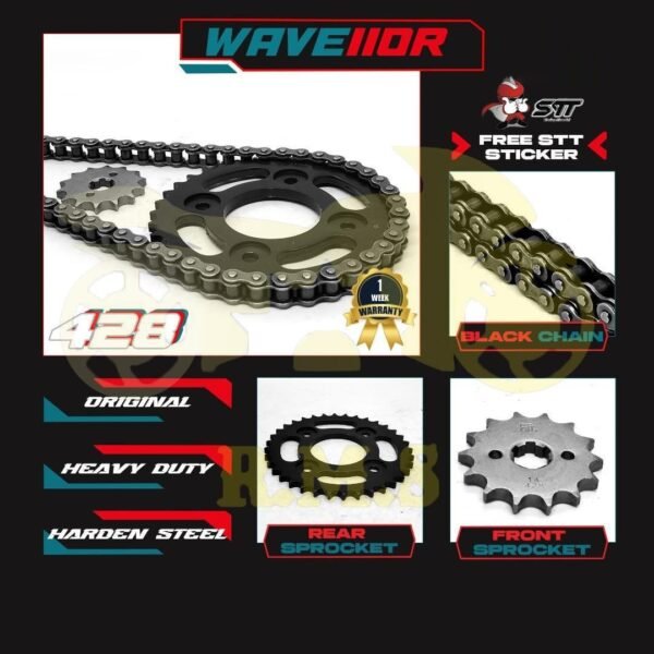 WAVE110 / WAVE125 / DASH / FUTURE125 / EX5 FI (FUEL INJECTION) 428 SPOCKET DEPAN BELAKANG WARNA HITAM BLACK SEKALI RANTAI HITAM - SET KOMBO HITAM RATIO MOTORSIKAL MOTOR RANTAI TUGAS BERAT SPROCKET SPOKET BLACK CHAIN