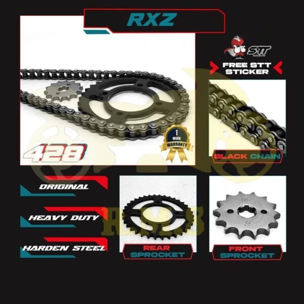 RXZ LAGENDA105 LAGENDA 110 SRL Y100 Y110 Y125Z/R Y110SRE / SRV 428 SPOCKET DEPAN BELAKANG WARNA HITAM BLACK SEKALI RANTAI HITAM - SET KOMBO HITAM RATIO MOTORSIKAL MOTOR RANTAI TUGAS BERAT SPROCKET SPOKET BLACK CHAIN