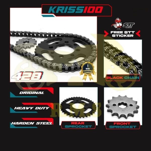 KRISS100 / CT100 / MR1 / MR2 / SM SPORT 110E / KLX110 428 SPOCKET DEPAN BELAKANG WARNA HITAM BLACK SEKALI RANTAI HITAM - SET KOMBO HITAM RATIO MOTORSIKAL MOTOR RANTAI TUGAS BERAT SPROCKET SPOKET BLACK CHAIN