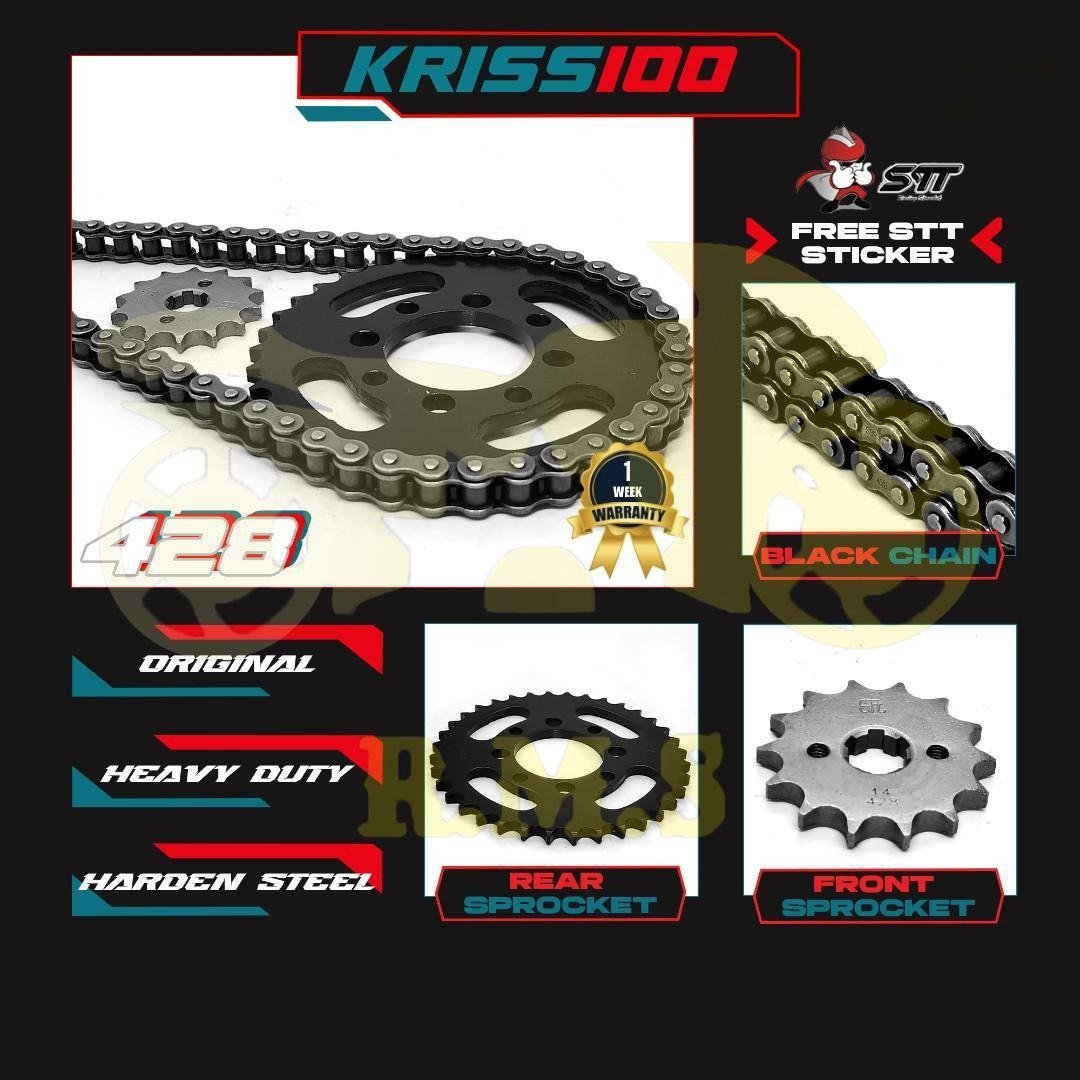 KRISS100 / CT100 / MR1 / MR2 / SM SPORT 110E / KLX110 428 SPOCKET DEPAN BELAKANG WARNA HITAM BLACK SEKALI RANTAI HITAM - SET KOMBO HITAM RATIO MOTORSIKAL MOTOR RANTAI TUGAS BERAT SPROCKET SPOKET BLACK CHAIN