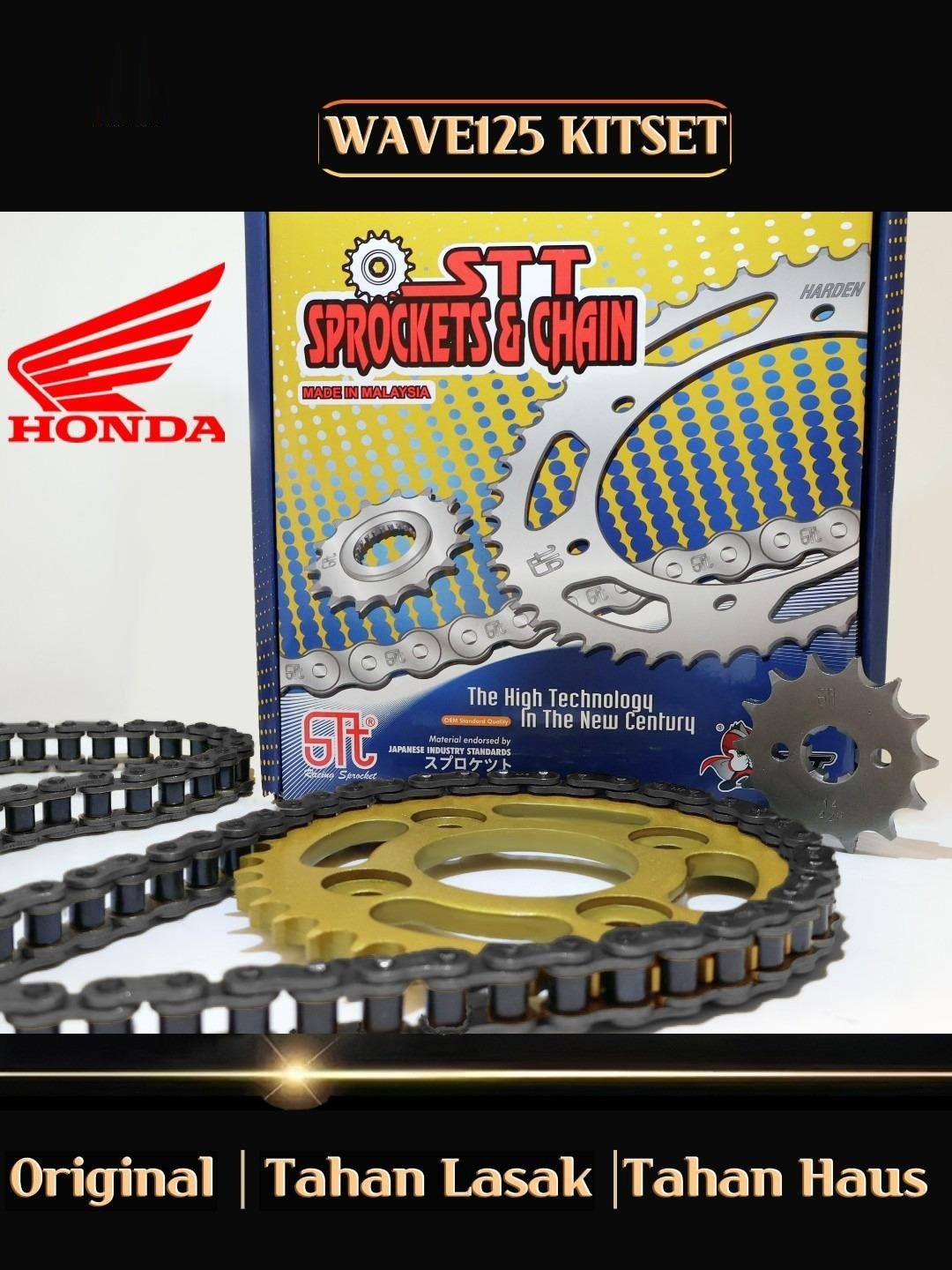 WAVE100R / WAVE110 / WAVE125 / FUTURE / DASH / EX5 FI (FUEL INJECTION) 428 SPOKET DEPAN BELAKANG EMAS SEKALI RANTAI HITAM - SET KOMBO RATIO MOTORSIKAL MOTOR RANTAI TUGAS BERAT TEBAL / BESAR / KECIL
