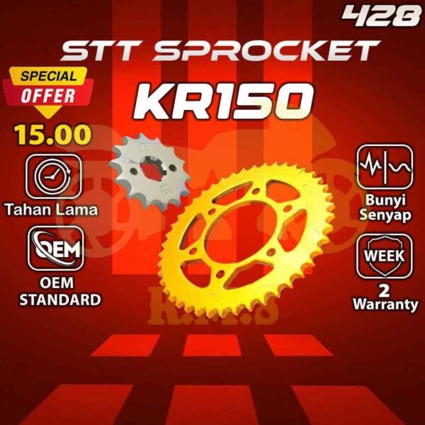 KR 150 / GT128 / DINAMIK120 / DINAMIK 125 / DEMON GR200R / ATHLETE_AX125 / AR 125 / NINJA80 / JAGUH 150 428 SPOCKET DEPAN , BELAKANG WARNA EMAS RATIO MOTOR MOTORSIKAL SPROCKET SPOKET GOLD