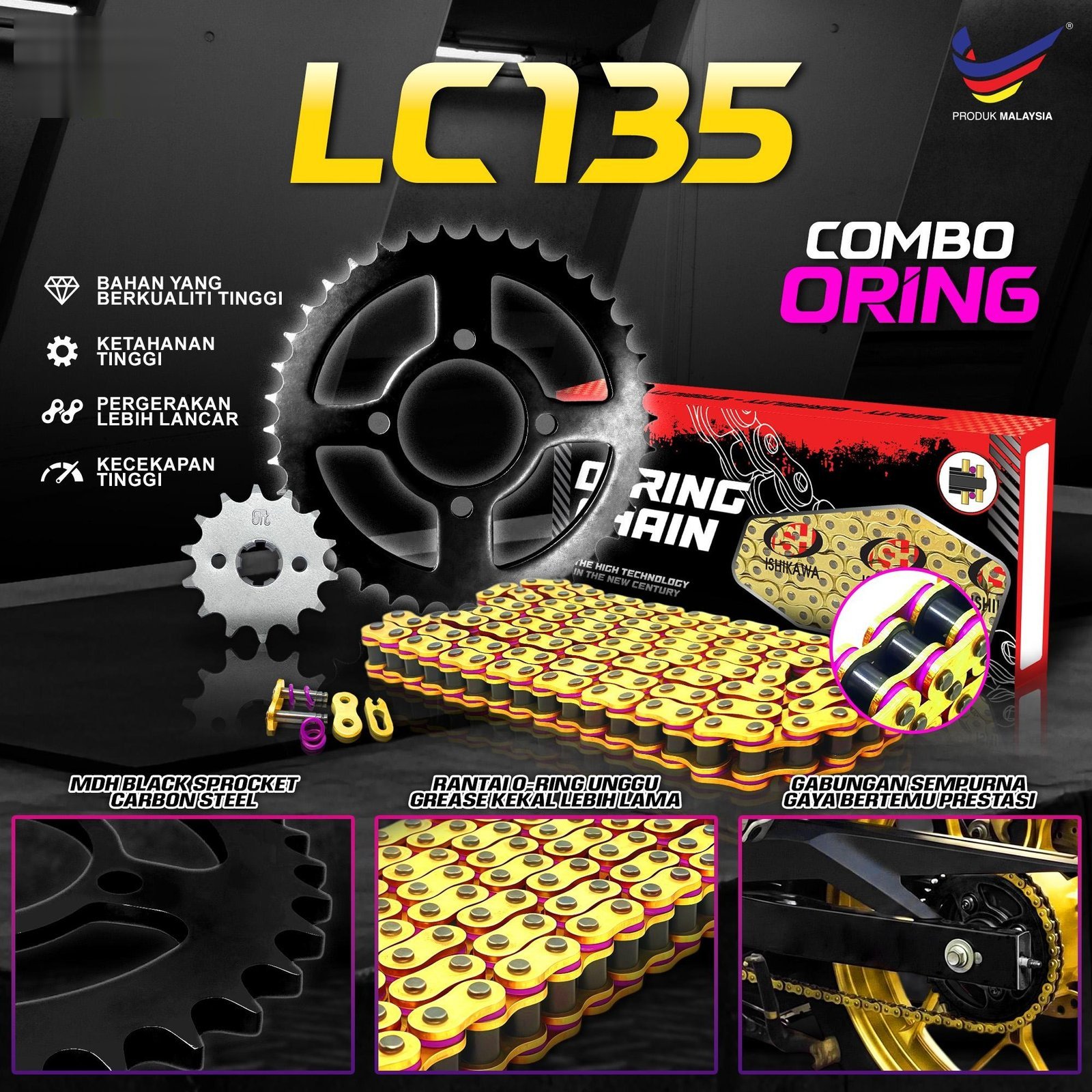 STT 428 Racing Sprocket Set Gold + Heavy Duty purple O-Ring Gold Chain Combo LC135 V1 ~ V8 LC Y125ZR RXZ Y110 Y100 Y75 Y80 SRL110 SRL LAGENDA spocket ratio spec japan - Image 2