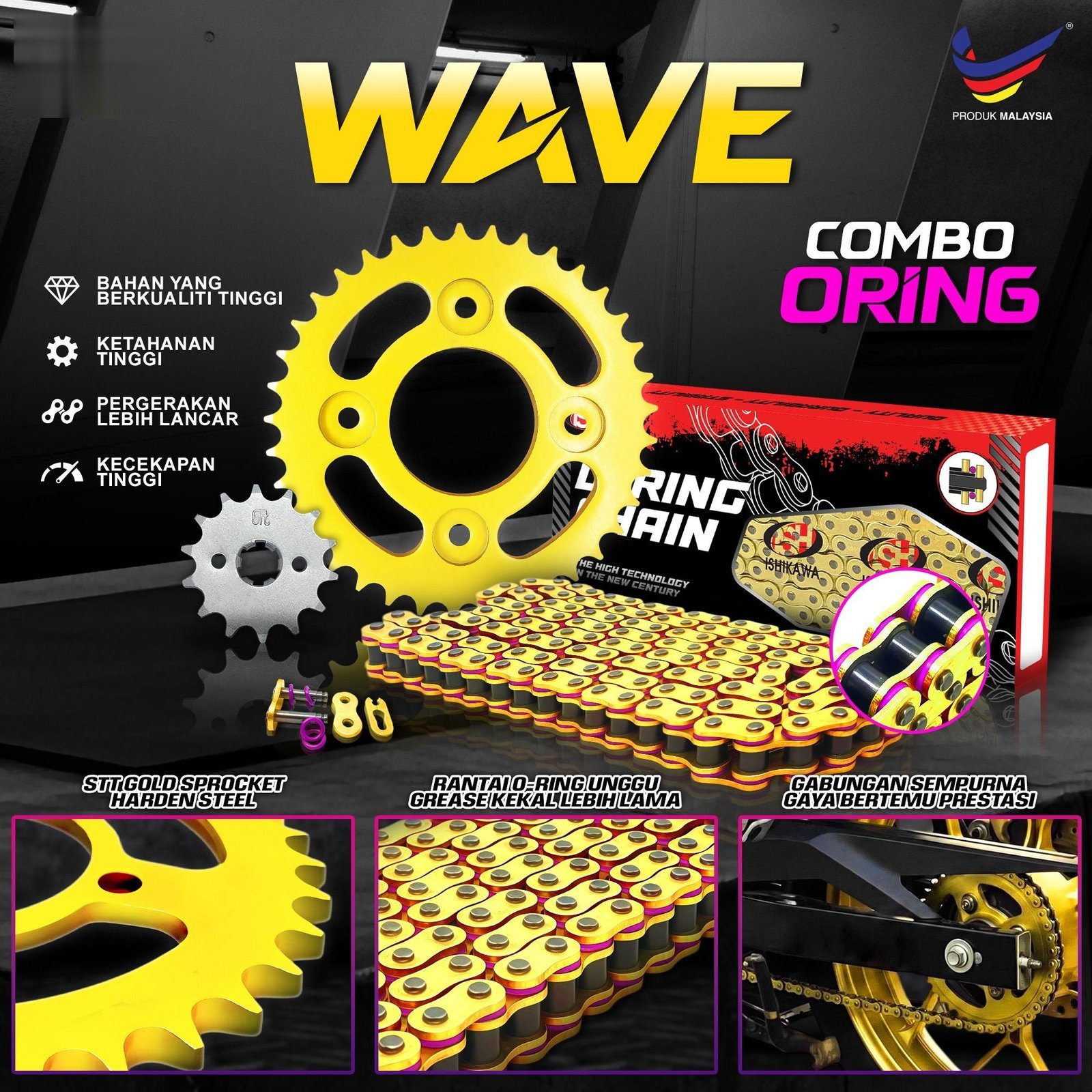 WAVE100R / WAVE110 / WAVE125 / FUTURE / DASH / EX5 FI (FUEL INJECTION) 428 SPOCKET DEPAN BELAKANG EMAS SEKALI RANTAI EMAS - SET KOMBO EMAS GETAH PURPLE RING ORING RATIO MOTORSIKAL MOTOR GOLD SPROCKET SPOKET CHAIN O RING