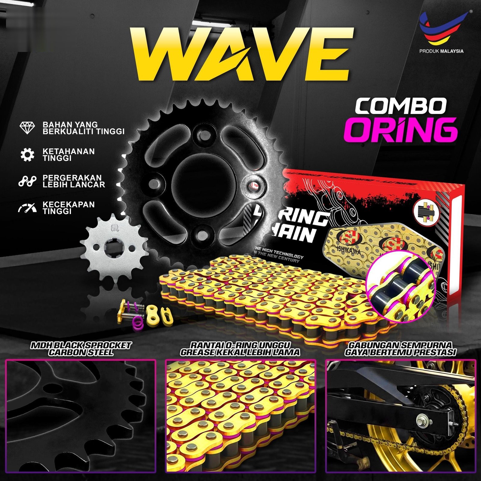 WAVE100R / WAVE110 / WAVE125 / FUTURE / DASH / EX5 FI (FUEL INJECTION) 428 SPOCKET DEPAN BELAKANG EMAS SEKALI RANTAI EMAS - SET KOMBO EMAS GETAH PURPLE RING ORING RATIO MOTORSIKAL MOTOR GOLD SPROCKET SPOKET CHAIN O RING - Image 2