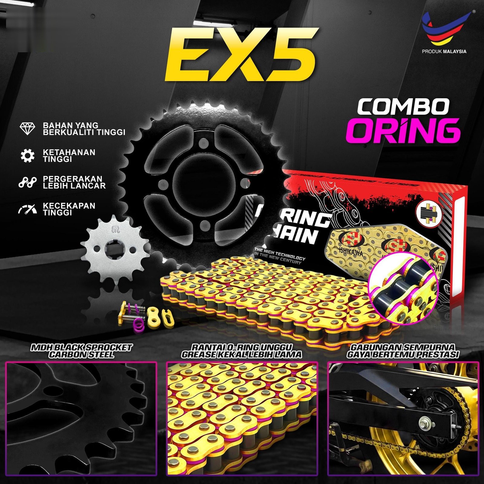 EX5 WAVE100 SPORT RIDER 125 SPORT BONUS / KRISS MR2 / KRISS MR3 SPOCKET DEPAN BELAKANG EMAS HITAM SEKALI RANTAI EMAS - SET KOMBO EMAS GETAH PURPLE RING ORING RATIO MOTORSIKAL MOTOR TUGAS BERAT GOLD BLACK SPROCKET SPOKET CHAIN O RING - Image 2