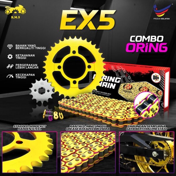 EX5 WAVE100 SPORT RIDER 125 SPORT BONUS / KRISS MR2 / KRISS MR3 SPOCKET DEPAN BELAKANG EMAS HITAM SEKALI RANTAI EMAS - SET KOMBO EMAS GETAH PURPLE RING ORING RATIO MOTORSIKAL MOTOR TUGAS BERAT GOLD BLACK SPROCKET SPOKET CHAIN O RING